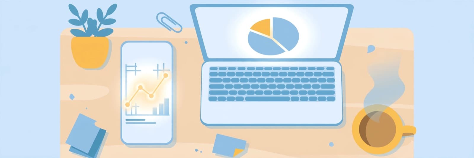 Illustration of a desk with a phone showing a growth chart, a laptop showing a pie chart, a plant and a cup of coffee