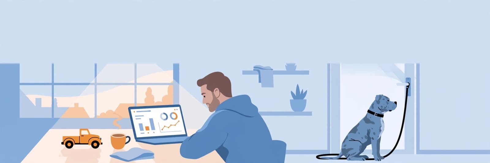 Illustration of a dad checking a money dashboard before sunrise while his dog waits by the door with a leash