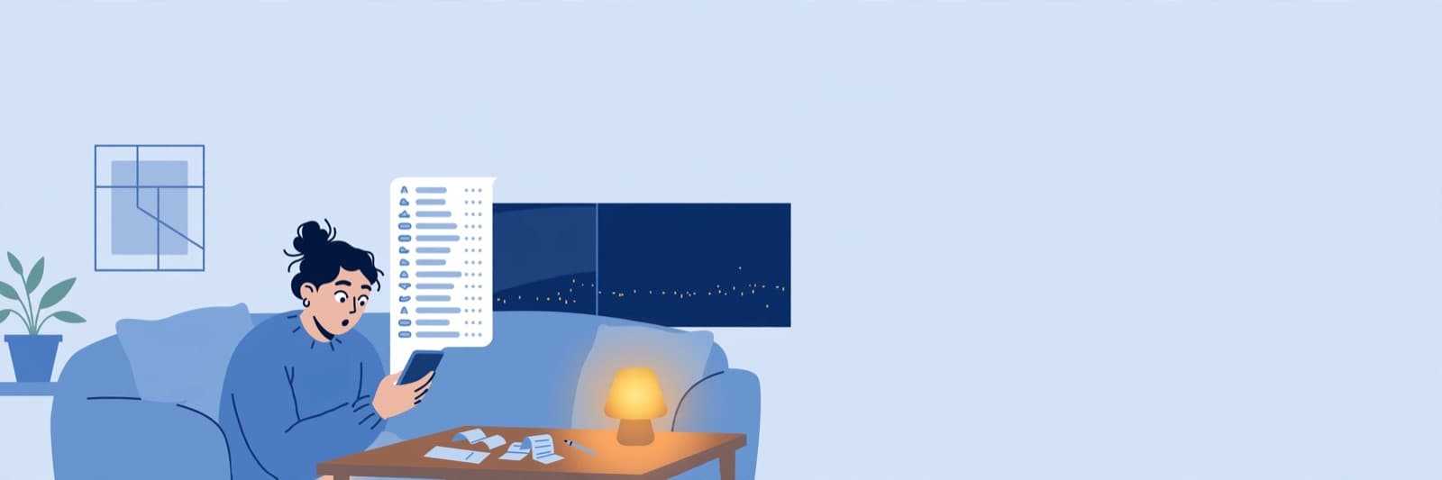 Illustration of a person on a couch at night, surprised by a long list of recurring charges on their phone