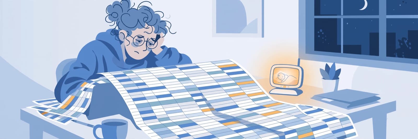 Illustration of a tired parent at night buried under a huge spreadsheet, a baby monitor glowing on the desk
